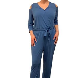 Blue peek-a-boo shoulder jumpsuit with waist tie, NY Collection size M